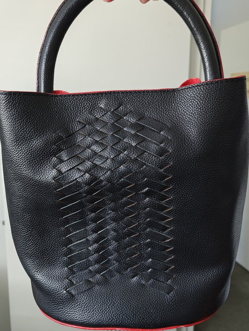Black Tote with Woven Front and Red Trim